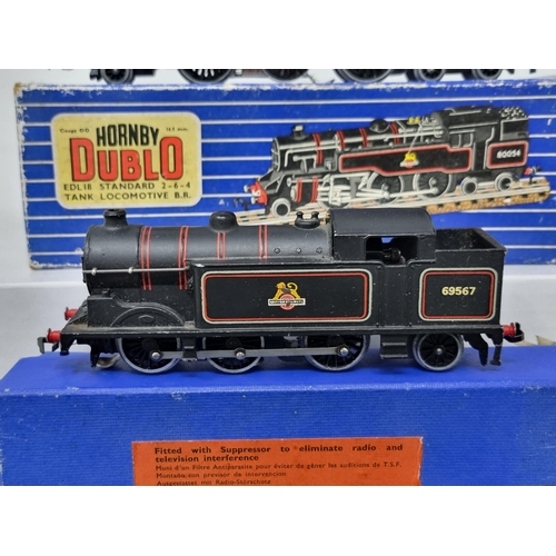 1074 - A boxed Hornby Dublo EDL17 0-6-2T in BR black livery, a boxed EDL18 2-6-4T (box poor condition) and ... 