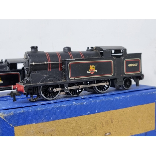 1077 - Two unboxed Hornby Dublo 3-rail 0-6-2T Locomotives, one in LMS bold lettering livery, the other in B... 