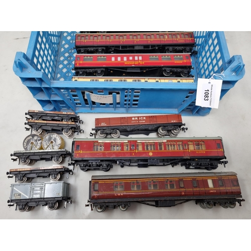 1083 - Nine unboxed Hornby Dublo Coaches, four Flat-bed Wagons, a Brick Wagon and a Mineral Wagon