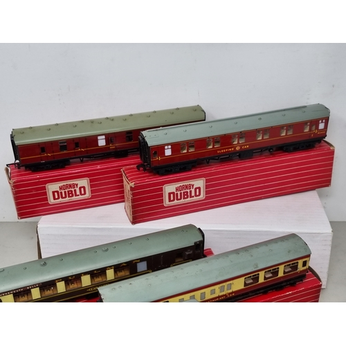 1087 - Six boxed Hornby Dublo Coaches including 4047 W.R. Restaurant Car (incorrect couplings), D11 B.R. Co... 