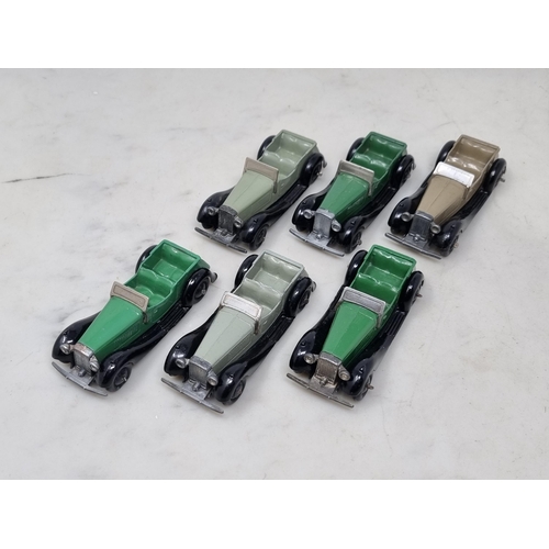 1270 - A Dinky Toys Trade Box 36F British Salmson 4 seater containing six cars, all Nr M-M,, 3x green, 2x l... 