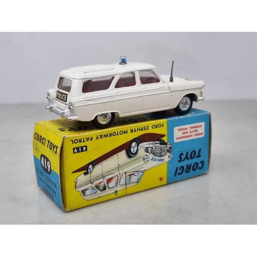 1279 - A boxed Corgi Toys No.419 Ford Zephyr Motorway Patrol with dished hubs, Nr M-M, box Ex