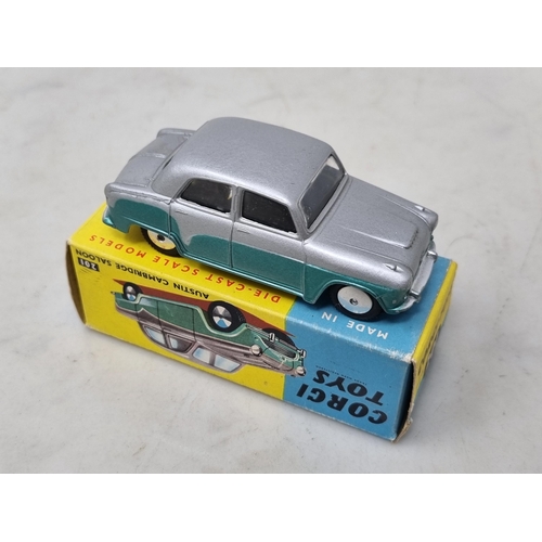 1292 - A boxed Corgi Toys No.201 silver and metallic green Austin Cambridge Saloon, Nr M-M, box Ex plus