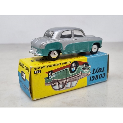 1292 - A boxed Corgi Toys No.201 silver and metallic green Austin Cambridge Saloon, Nr M-M, box Ex plus