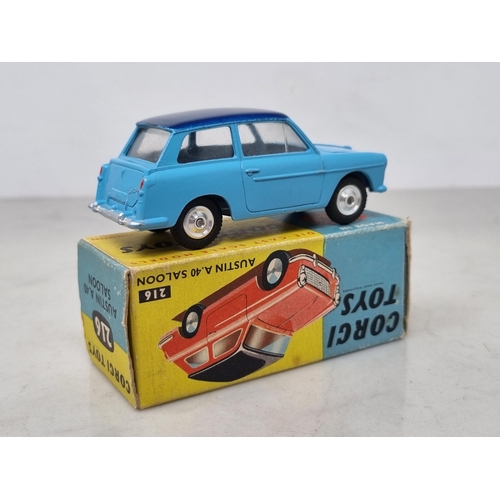 1305 - A boxed Corgi Toys No.216 two-tone blue Austin A40 Saloon, Nr M-M, box Ex