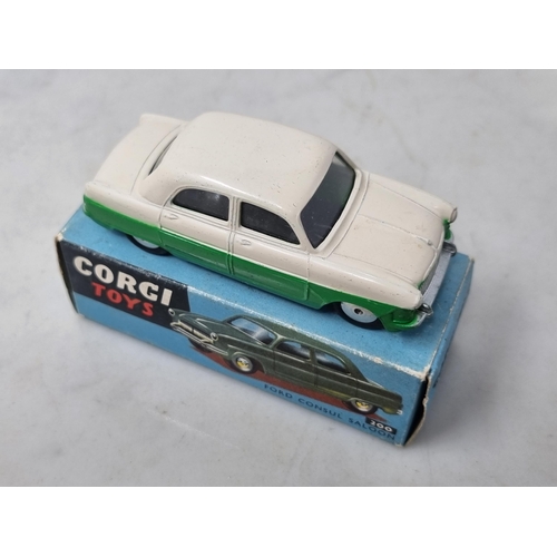 1307 - A boxed Corgi Toys No.200 green and off white Ford Consul Saloon with leaflet, Nr M-M, box Ex