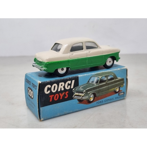 1307 - A boxed Corgi Toys No.200 green and off white Ford Consul Saloon with leaflet, Nr M-M, box Ex