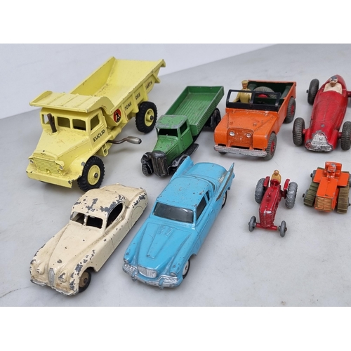 1319 - A box of unboxed and play worn Dinky Toys, Corgi Toys and Lesney including red No.108 M.G. Midget, N... 