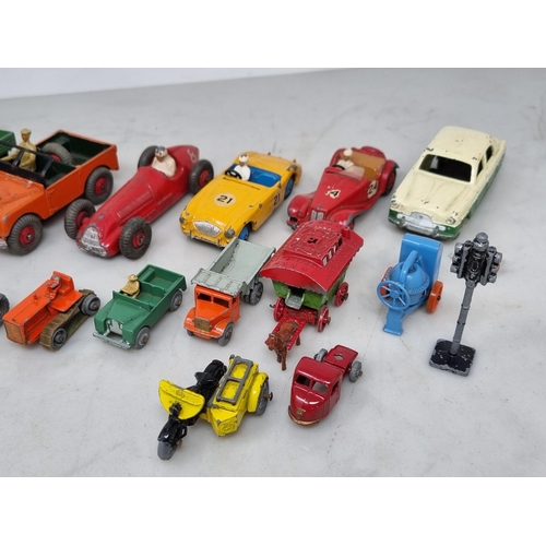 1319 - A box of unboxed and play worn Dinky Toys, Corgi Toys and Lesney including red No.108 M.G. Midget, N... 