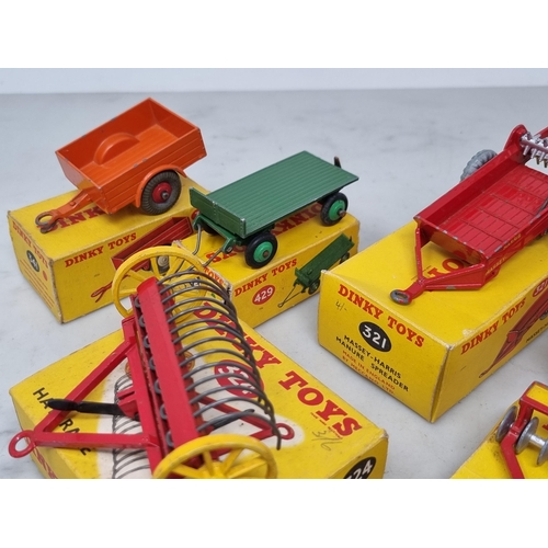 1321 - Six boxed Dinky Toys Farm Implements including No.320 Harvest Trailer, No.321 Massey-Harris Manure S... 