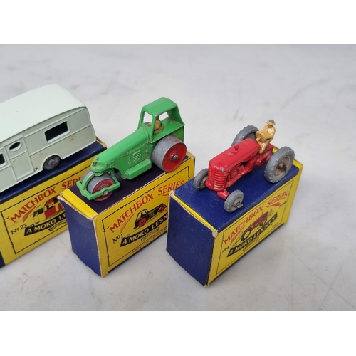 1327 - Five boxed Lesney Matchbox Models including No.1 Roller, No.4 Tractor, No.20 Lorry, No.23 Caravan an... 