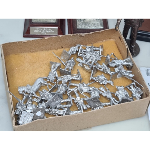 1342 - A box of c:1:72 scale diecast unpainted Napoleonic Soldiers, two packets of Langley Models Loco Driv... 