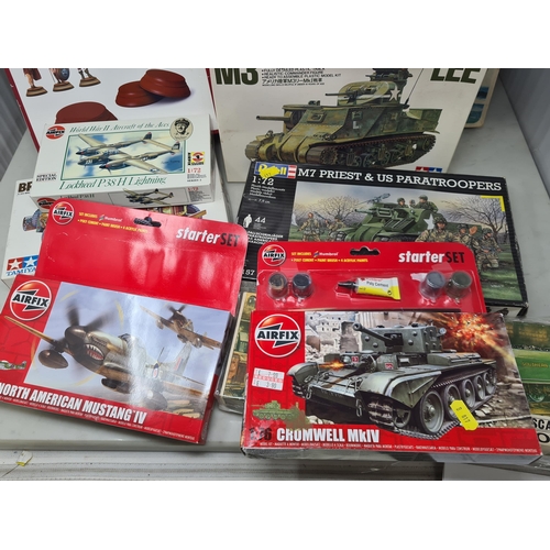 1346 - Nine boxed plastic Kits including Airfix 'Mayflower', Tamiya British S.A.S. Jeep, ARV M-10 Tank Dest... 