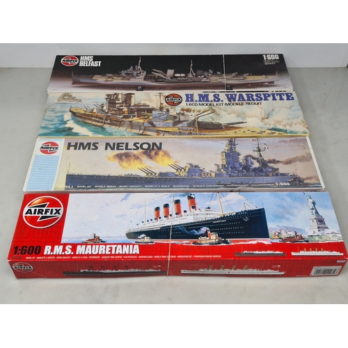 1350 - Four boxed Airfix 1:600 scale plastic Kits of Ships including HMS Belfast, HMS Warspite, HMS Nelson ... 