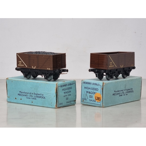 1028 - Two boxed Hornby Dublo pre-war L.M.S. High-sided Wagons, one with coal. Both near mint with no fatig... 