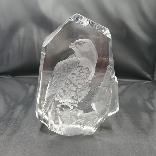 198 - A Mats Jonasson crystal Sculpture/Paperweight of a falcon, 7 1/2in high