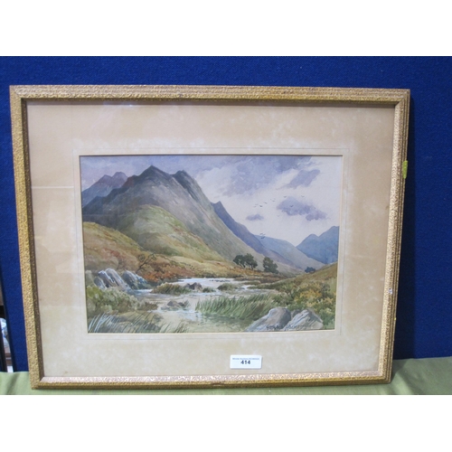 414 - GERALD HOLMES. A mountainous river landscape, signed, watercolour,10 x 14 in