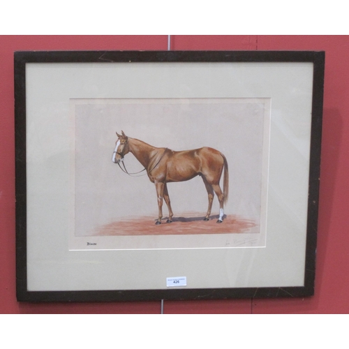 426 - JOAN BARRINGTON. Study of a chestnut Hunter, signed and dated 1935, watercolour, 12 x 176 1/2 in