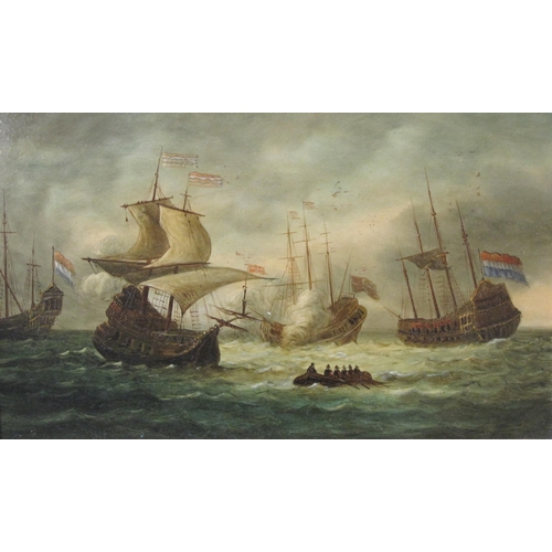 439 - J.MEYER. Marine  battle scenes with galleons in combat, one signed, oil on opaque glass, 10 x 17 in;... 