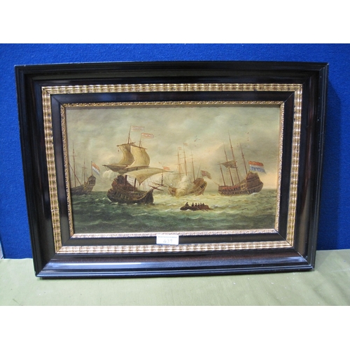 439 - J.MEYER. Marine  battle scenes with galleons in combat, one signed, oil on opaque glass, 10 x 17 in;... 