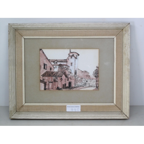 440 - E.GREENWOOD. St. Lizier, Pyren, signed and dated (19)75, pen, ink and coloured wash,  51/2 x 8 in