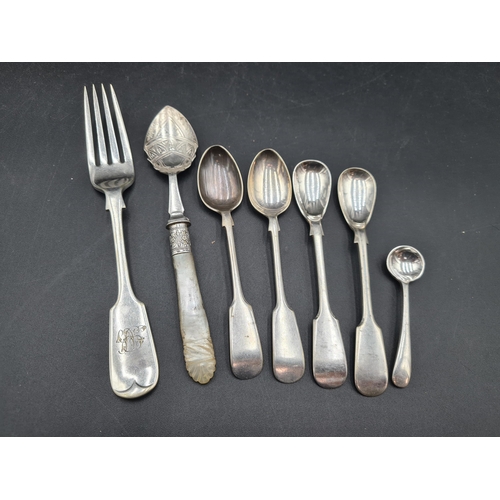 129 - Four Victorian silver Teaspoons fiddle pattern engraved initials, Exeter 1844, four various Spoons, ... 