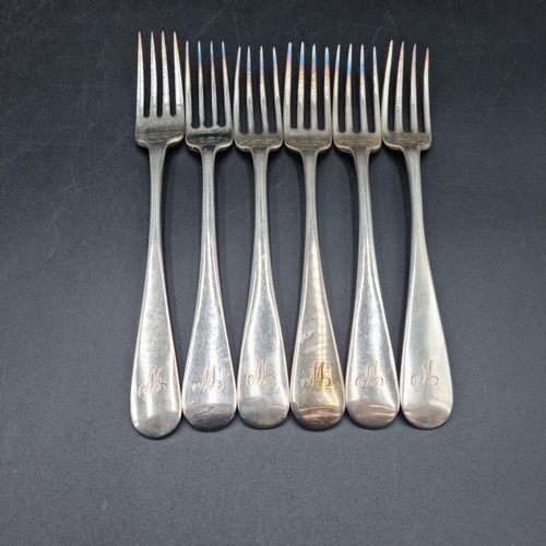 141 - Six Georgian silver Dinner Forks old english pattern engraved initial W, various dates including Exe... 