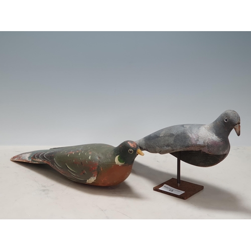 15 - A carved and painted Pigeon Decoy with glass eyes and spring underneath, A/F, and another painted Pi... 