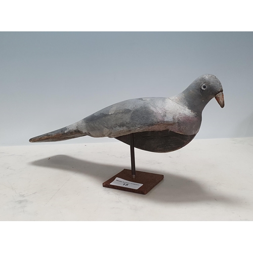 15 - A carved and painted Pigeon Decoy with glass eyes and spring underneath, A/F, and another painted Pi... 