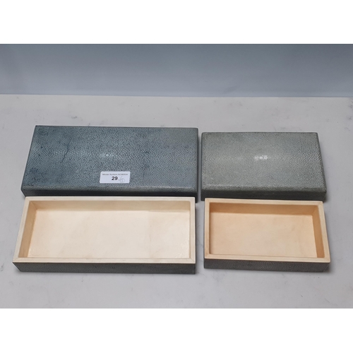 29 - Two shagreen covered rectangular Boxes 10 1/2 in W and 7 1/4in W (Cab)