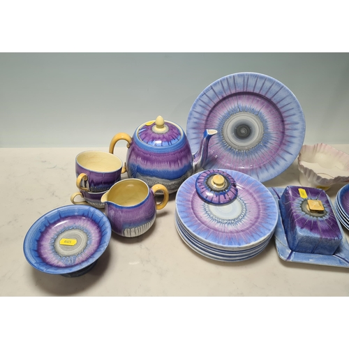 313 - A Shelley part Tea Service with drip glaze design in blue, mauve, and grey glazes, including Teapot ... 