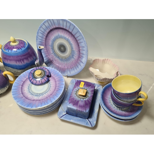 313 - A Shelley part Tea Service with drip glaze design in blue, mauve, and grey glazes, including Teapot ... 