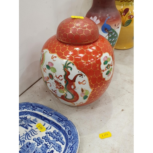 344 - A pottery Jug, 10in H , an Oriental Ginger Jar and Cover, a painted glass Vase, and a Staffordshire ... 