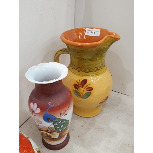 344 - A pottery Jug, 10in H , an Oriental Ginger Jar and Cover, a painted glass Vase, and a Staffordshire ... 