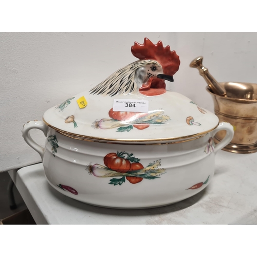 384 - A french oval tureen and cover with cockerel finial, a set of French Plates decorated birds, a set o... 