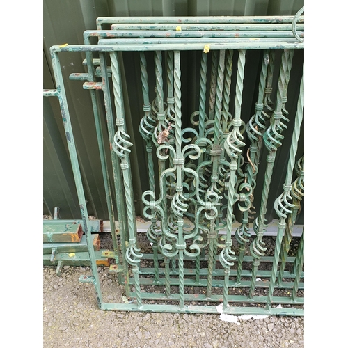 394 - Four green painted wrought iron Garden Gates and Posts 5ft 11in W x 3ft 6in H