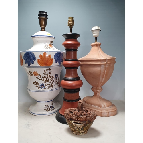 687 - A pottery floral decorated Table Lamp 22in High another pottery shaped column style Table Lamp and a... 