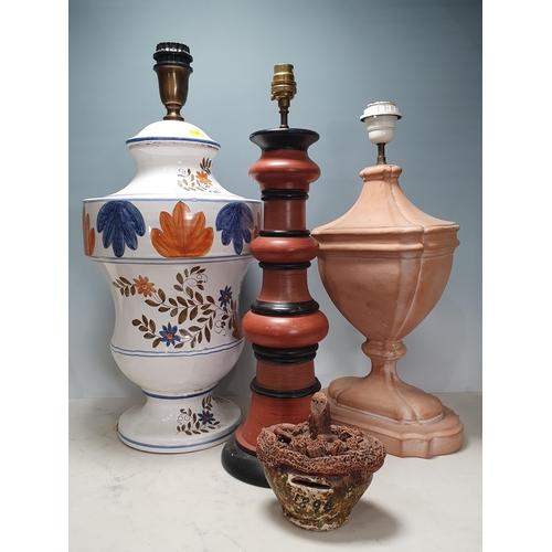 687 - A pottery floral decorated Table Lamp 22in High another pottery shaped column style Table Lamp and a... 