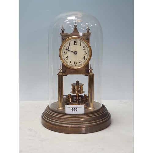 690 - A brass Mantle Clock on brass base under glass dome, 11in H, (R9)