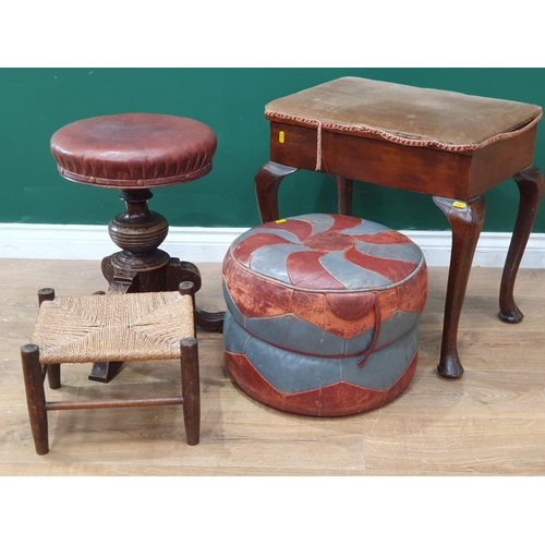 696 - A late Victorian revolving Piano Stool, a Piano Stool with cabriole legs, a Pouffe and a small caned... 