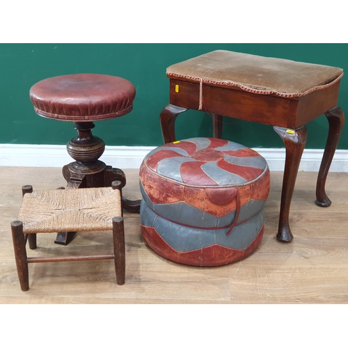 696 - A late Victorian revolving Piano Stool, a Piano Stool with cabriole legs, a Pouffe and a small caned... 