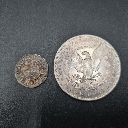 84 - A USA One Dollar 1881, and an Edward III (1327-77) Shilling, poor condition