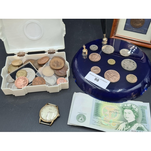 98 - A quantity of British and World Coins and Notes including silver Threepences, Desk Set: Farthing-Hal... 