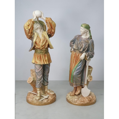 343 - A large pair of Royal Worcester shotsilk figures, a lady resting on a shovel and man drinking from a... 