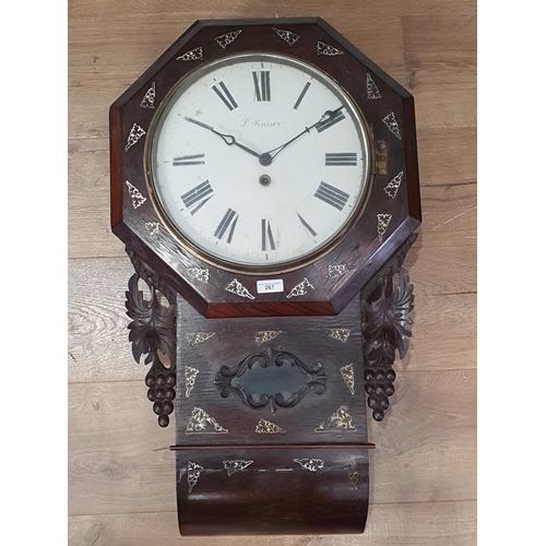 267 - A 19th Century rosewood octagonal Wall Clock by D Kaiser with mother of pearl inlay and with carved ... 