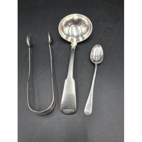 118 - A George III silver Sauce Ladle fiddle pattern, London 1809, pair of Sugar Tongs, London 1825, and a... 