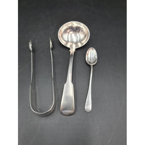 118 - A George III silver Sauce Ladle fiddle pattern, London 1809, pair of Sugar Tongs, London 1825, and a... 