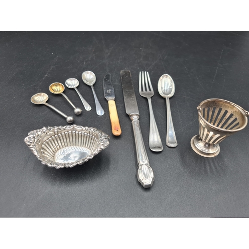 122 - A Victorian silver oval fluted Salt, Birmingham 1897, white metal Basket, silver Fork and Spoon, Con... 