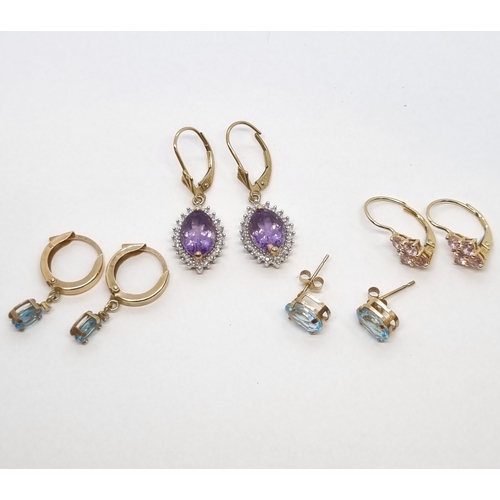 173 - Amethyst & Diamond Drop Earrings in 9ct gold, approx 4.2gms, Blue Topaz Stud Earrings in yellow meta... 