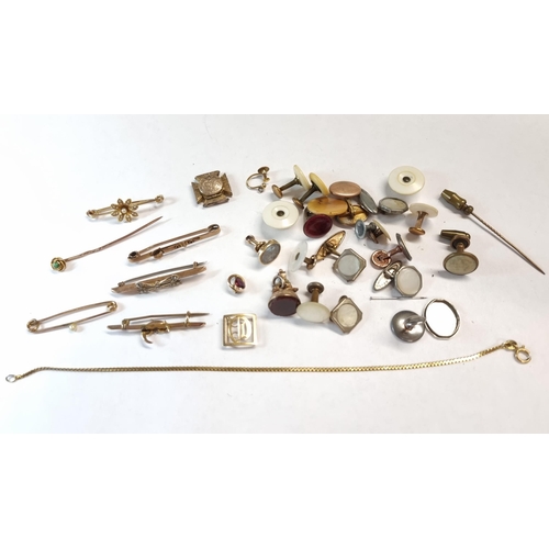 189 - A collection of Bar Brooches, Slider, Stick Pin, Bracelet etc in 9ct gold, approx 13gms together wit... 